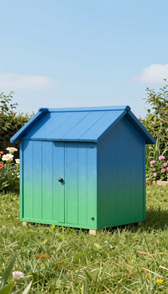 Two-tone blue and green ombre dog house in a sunny backyard