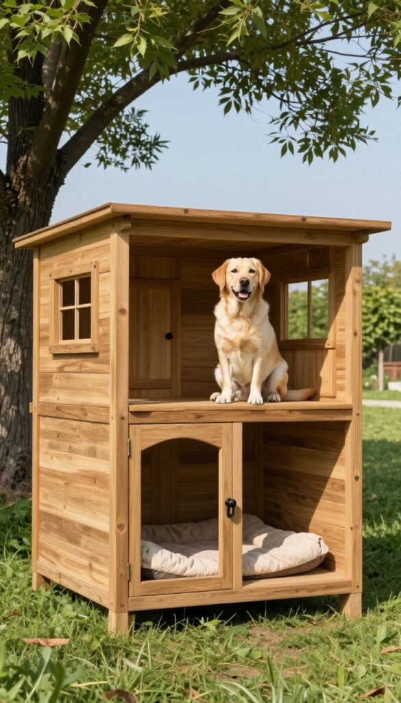 Two-story wooden dog house with a Labrador on the upper lookout deck in a sunny backyard