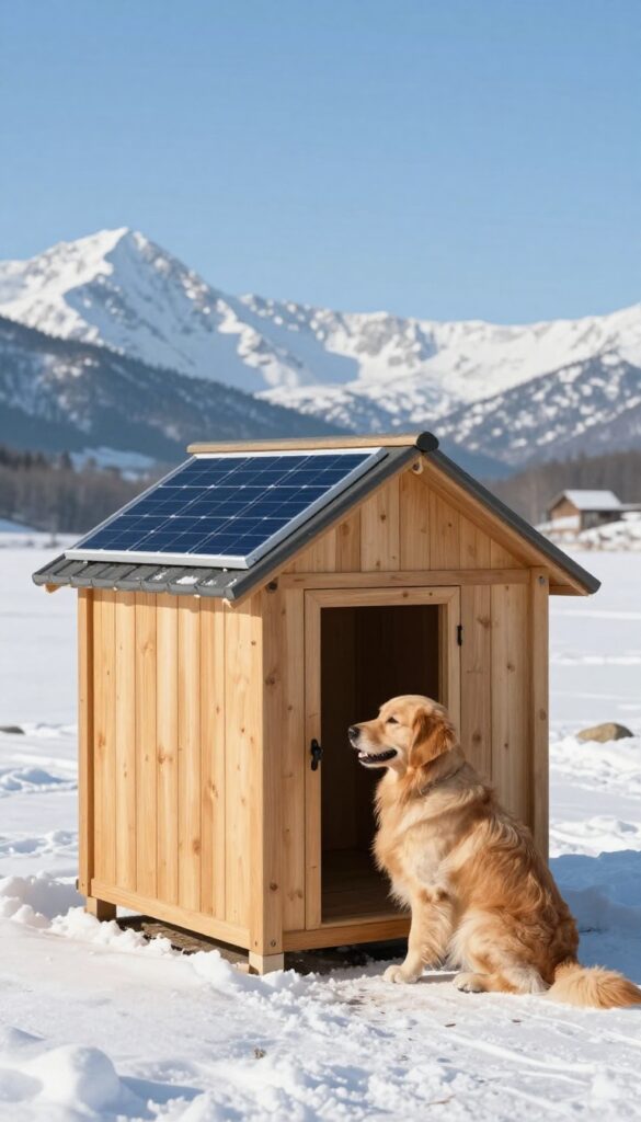 Solar-powered heated dog house in winter with solar panel on roof and golden retriever beside it.