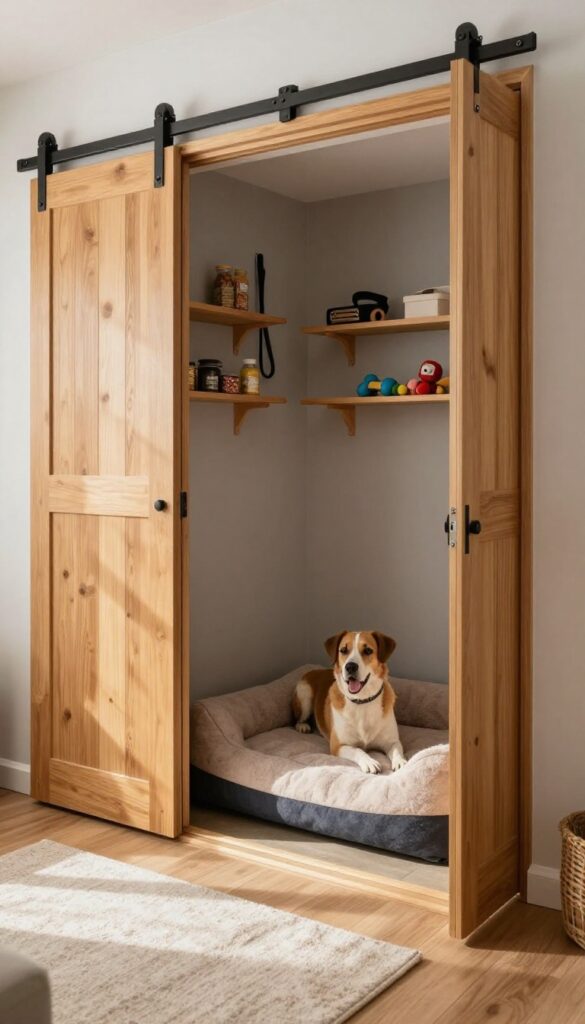 Under-stairs closet conversion with sliding barn doors, featuring a cozy dog bed and wall-mounted storage for leashes and toys.