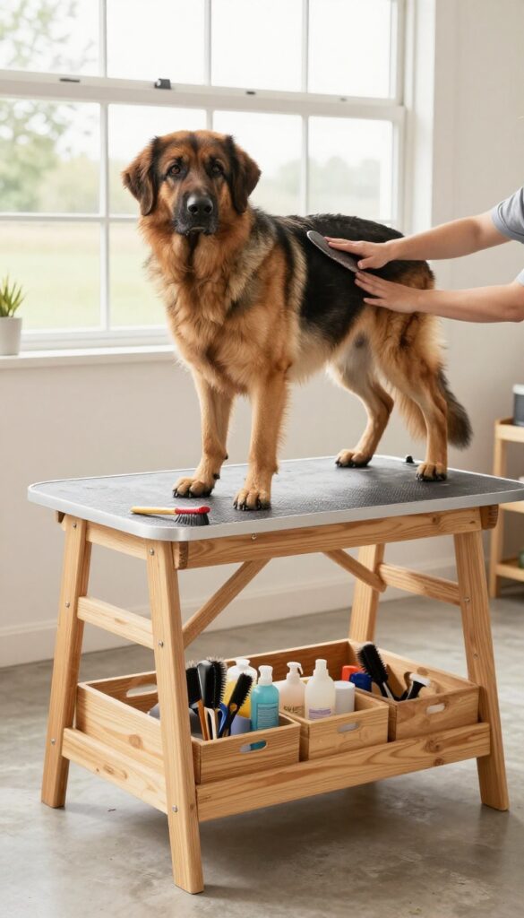 A waist-high wooden grooming stand with a large dog being brushed on top and storage bins underneath in a clean garage setting.