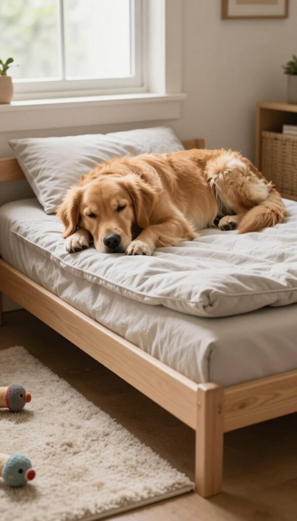 Dog lying on orthopedic bed inside a cozy dog house