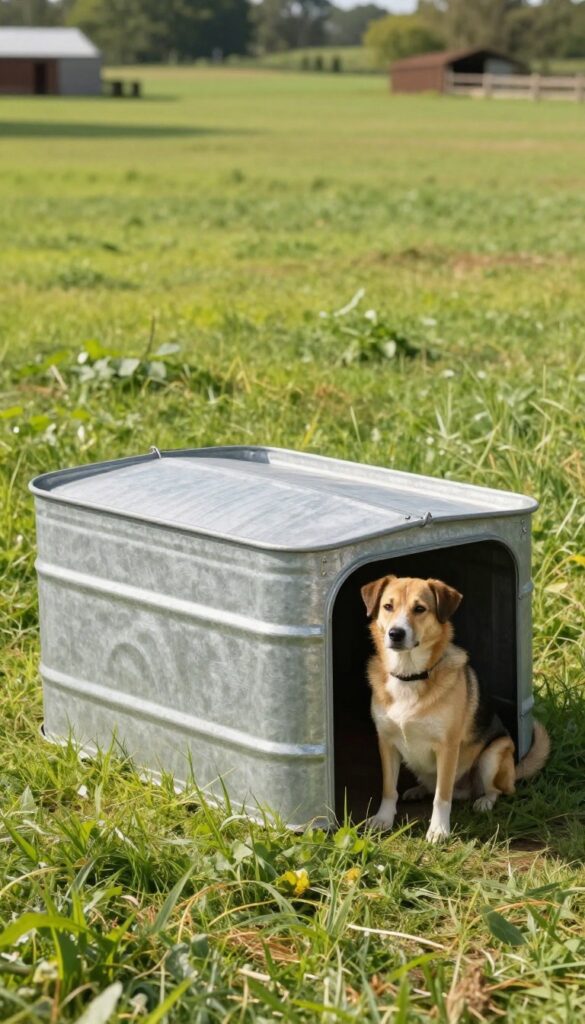 Galvanized stock tank dog house on a farm with a dog nearby