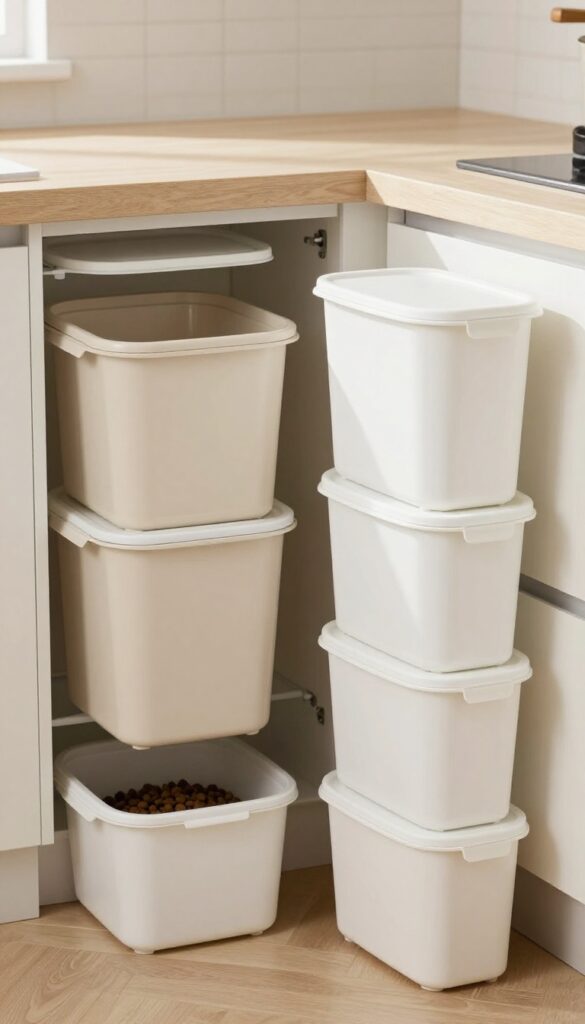 Stackable airtight dog food bins organized in a corner nook to save space and keep kibble fresh.