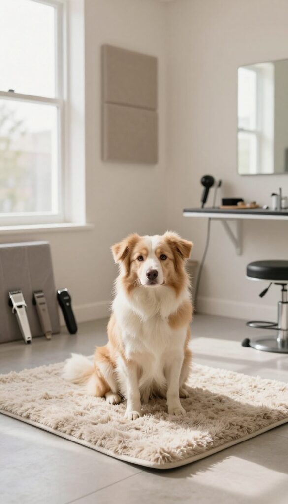 A calm Border Collie resting on a thick rug in a soundproofed dog grooming salon with acoustic panels on walls, bathed in natural light.