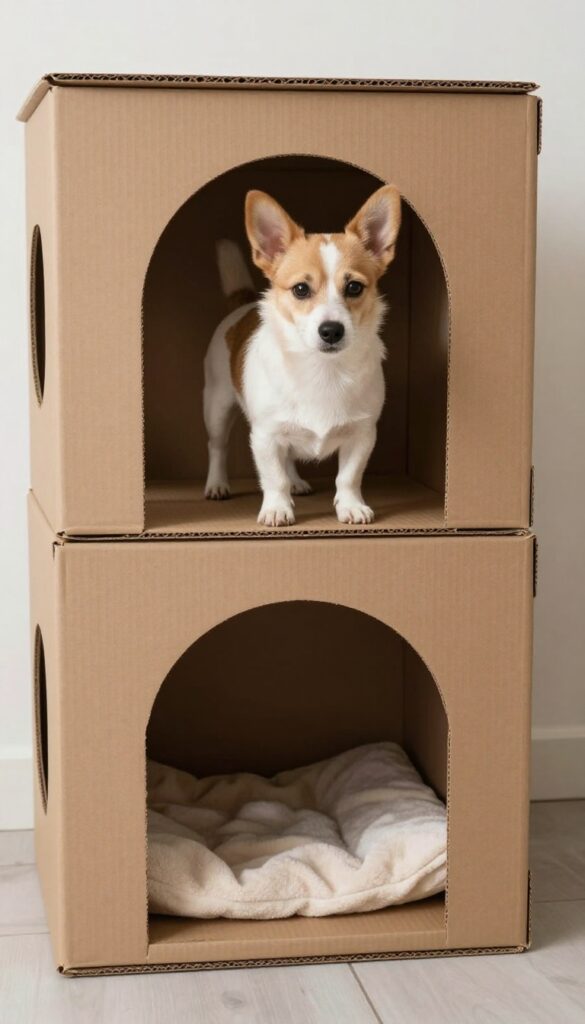 Two-story cardboard dog house with ramp and small dog on upper level.