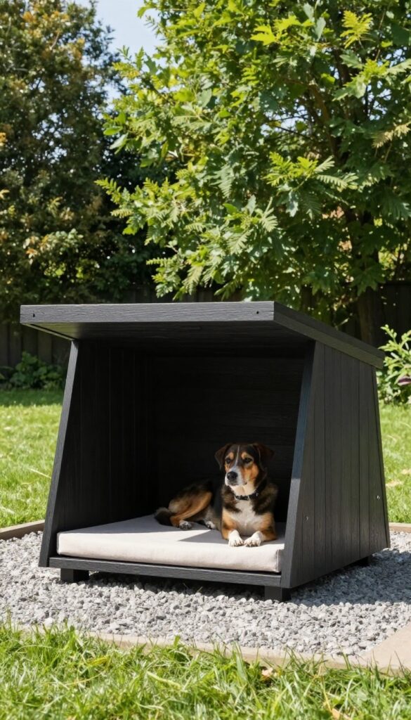Modern minimalist A-frame dog house with flat roof accent in sunny backyard