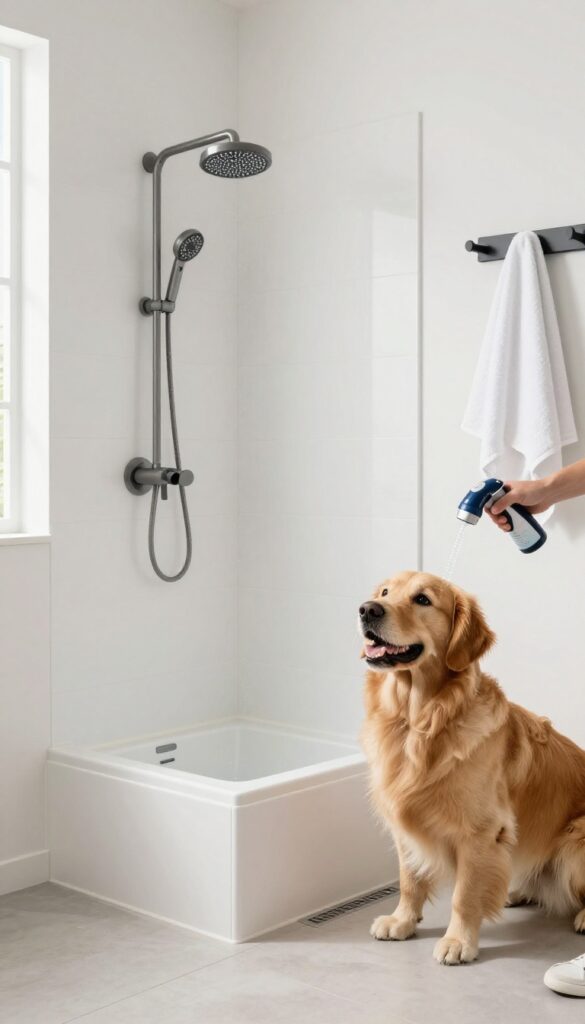 Mudroom dog wash station with walk-in shower base and handheld sprayer, golden retriever inside, bright natural light