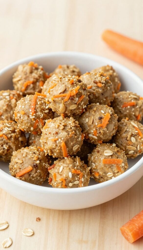 Bowl of homemade mini meatballs for small dogs, made with chicken, carrot, and oats.