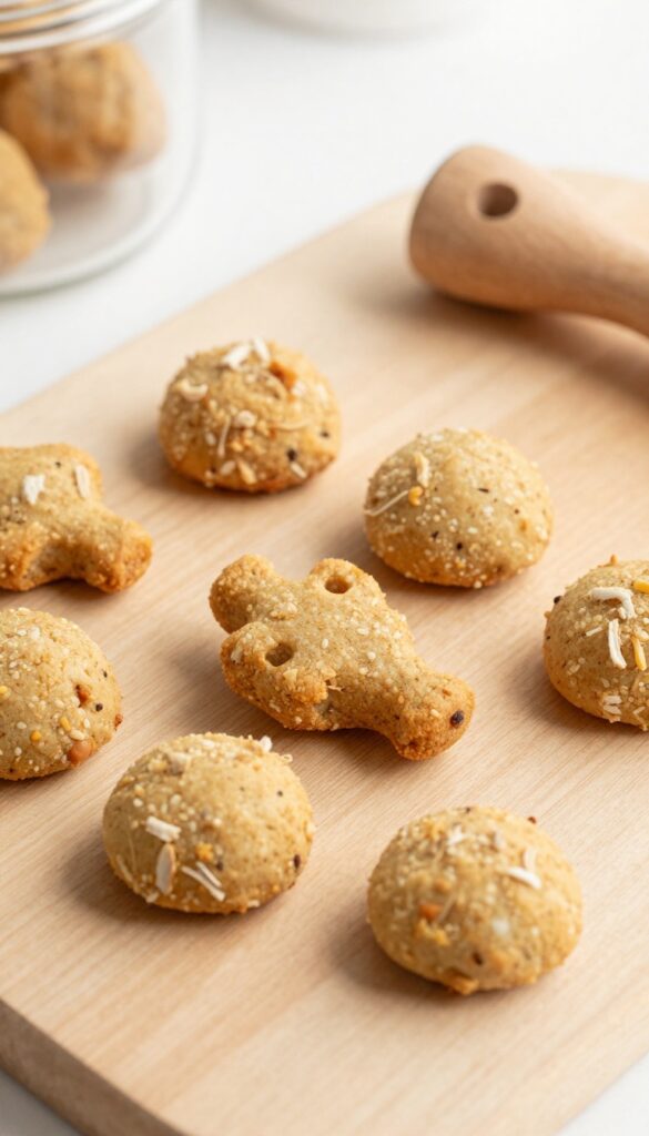 Homemade baked dog treats with shredded chicken and rice, golden-brown and crispy, arranged on a plain wooden surface in natural light, suitable for a dog recipe blog section on Chicken and Rice Crunch Bites.