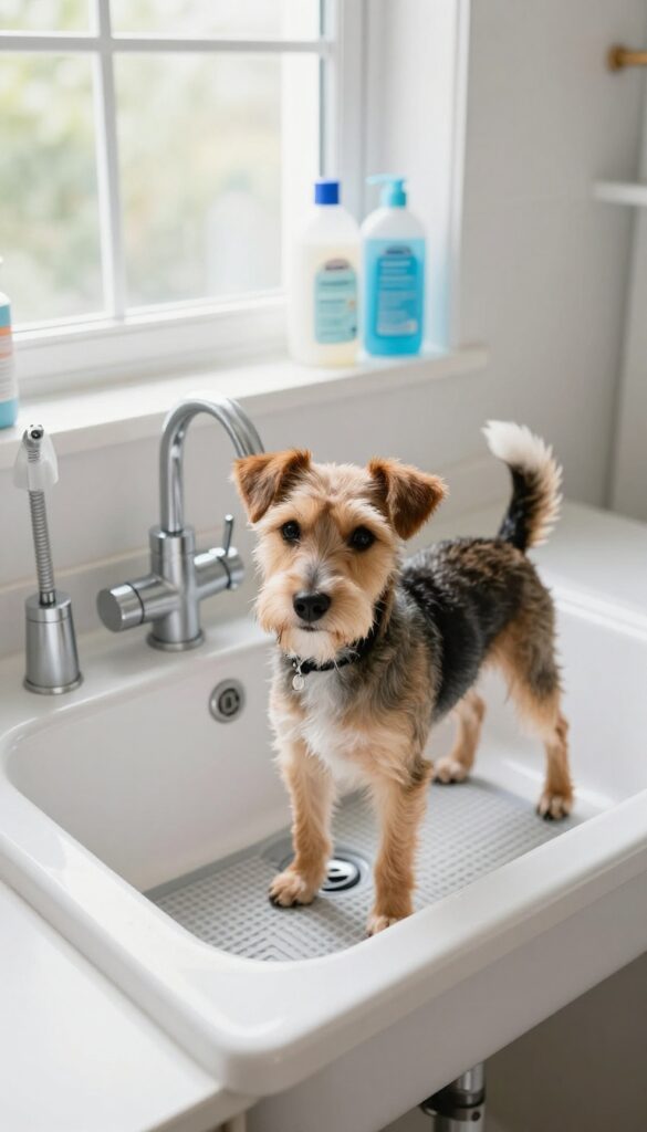 A terrier dog being bathed in an elevated utility sink in a bright laundry room, showcasing a practical dog grooming station with non-slip mat and handheld sprayer.