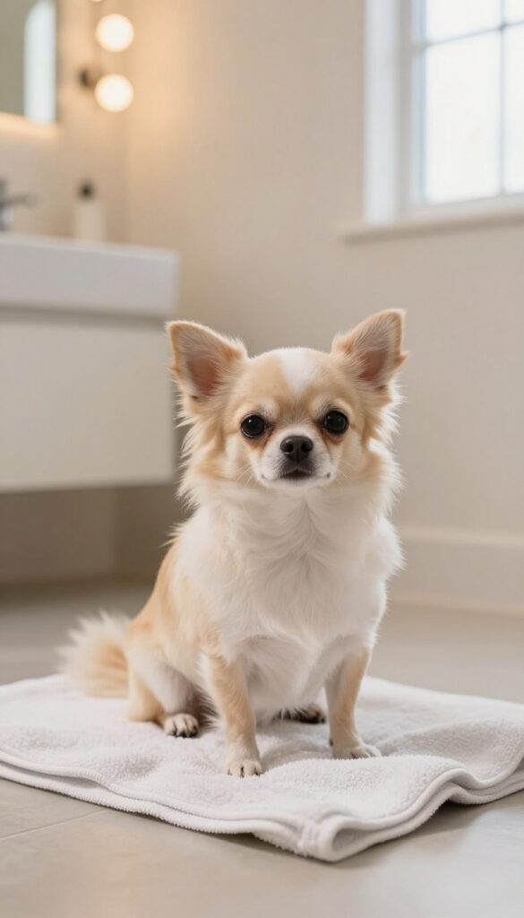 A serene dog grooming corner with soft lighting and a relaxed Chihuahua in a home bathroom setting