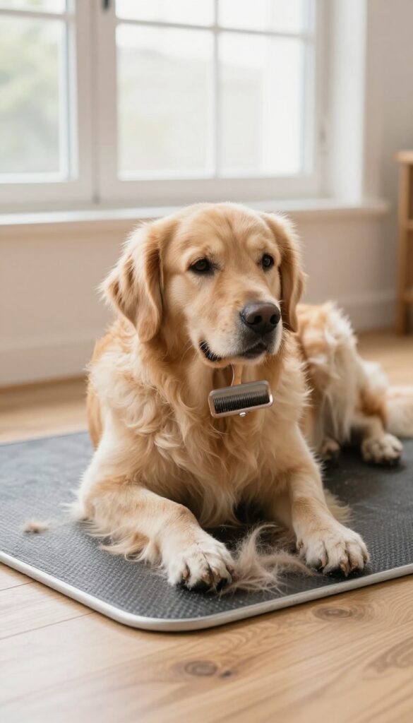 A Golden Retriever being groomed with an undercoat rake on a wooden floor in natural light, showcasing effective shedding management in a home setting.