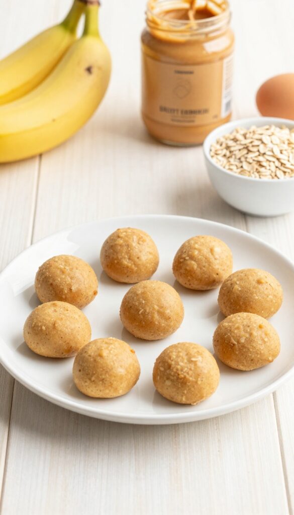 Homemade peanut butter banana energy bites for dogs, arranged on a plate with simple ingredients like banana, peanut butter, oats, and egg in the background.