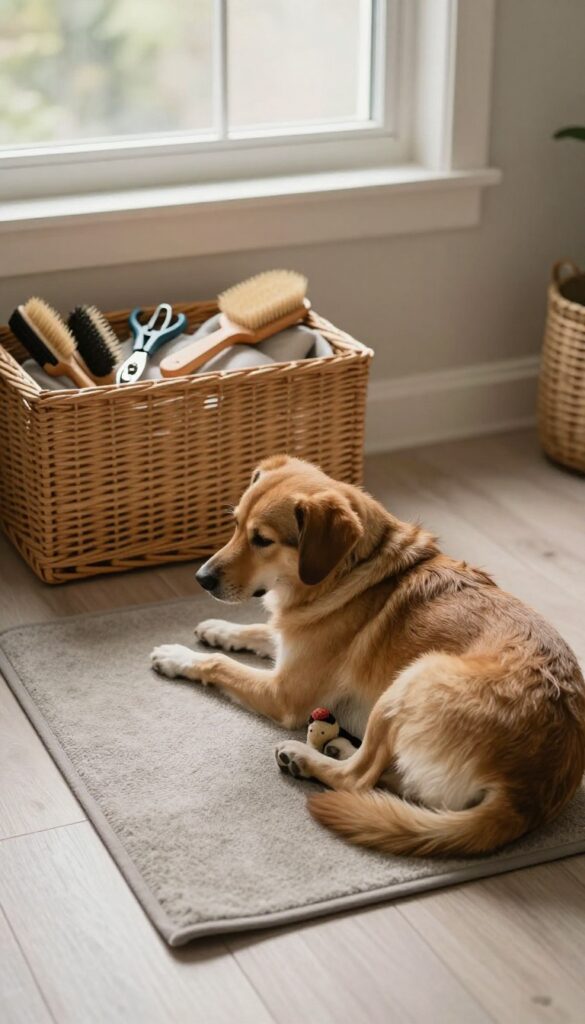 A calm grooming corner setup in a home with a dog sitting relaxed on a non-slip mat, surrounded by organized grooming tools in natural light.