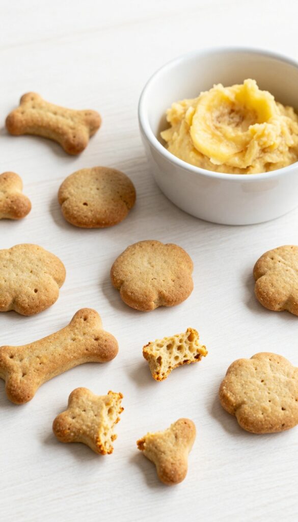 Homemade sourdough banana crunch biscuits for dogs, showing golden-brown biscuits broken to reveal texture, with mashed banana and sourdough discard in a bowl, on a wooden surface in natural light.