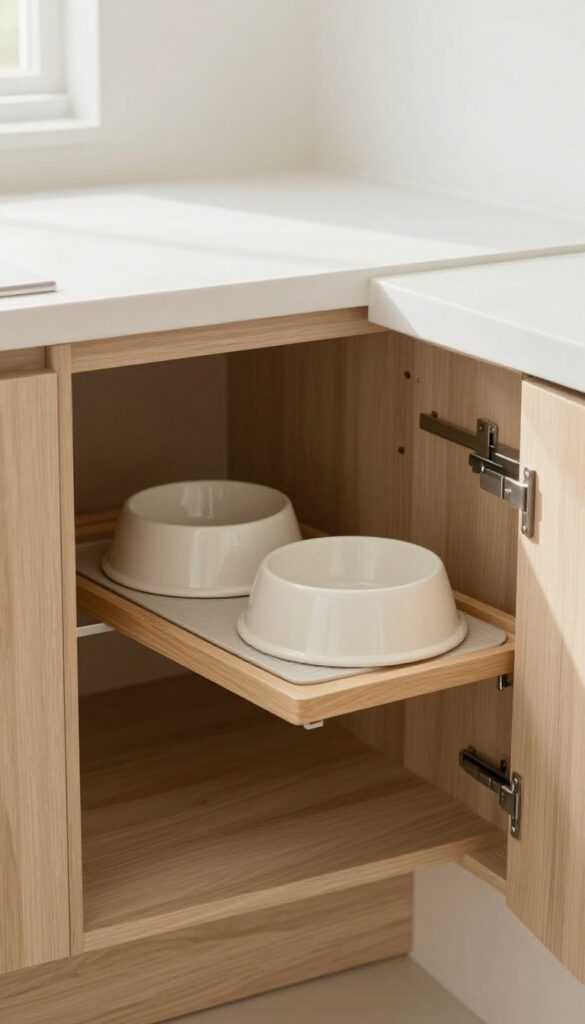 Built-in feeding station with pull-out tray and dog bowls inside a cabinet