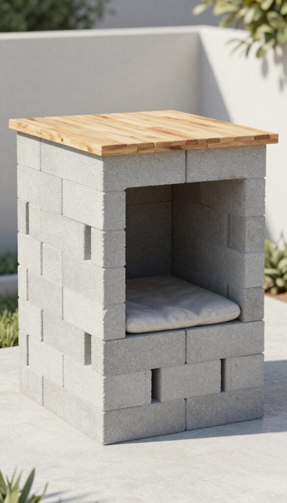 Modern concrete block dog house with wooden roof and cushion in sunny backyard