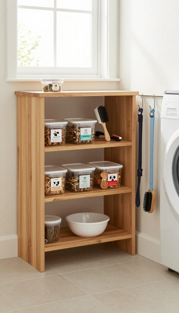A tidy laundry room nook with built-in shelves organized for dog essentials like food containers and grooming tools.