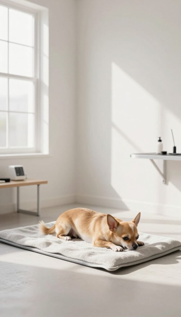 A serene grooming salon quiet zone with a relaxed dog in natural light, designed to minimize noise and anxiety for pets during grooming.