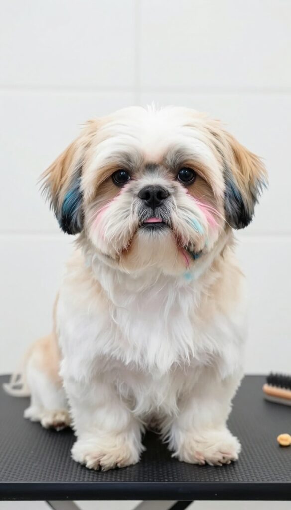 A Shih Tzu dog with colorful dye accents on its fur tips, showcasing a safe and creative grooming style in a bright setting.