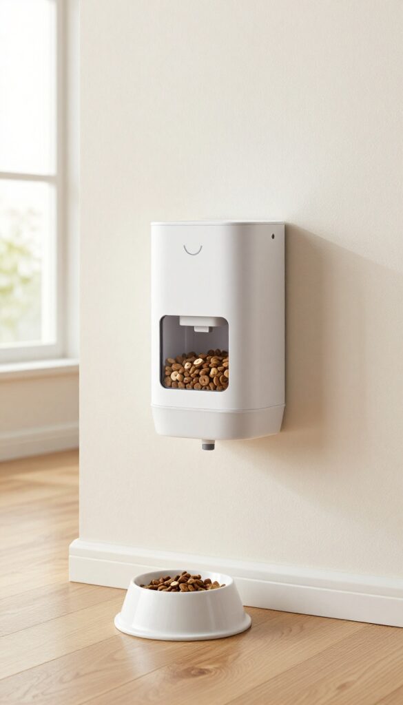 A wall-mounted dog food dispenser in a modern kitchen, providing easy access and neat storage for pet food.