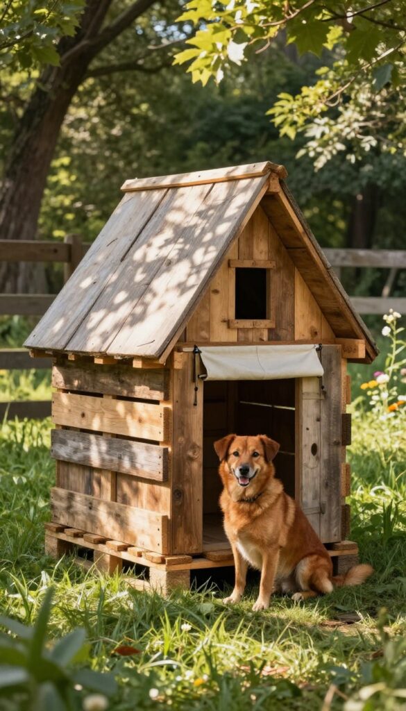 Classic A-frame pallet dog house in rustic yard with canvas flap door and dog sitting nearby