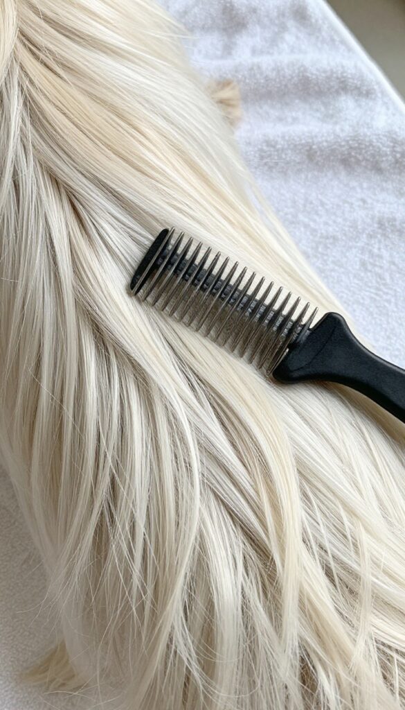 A fine-toothed dog grooming comb on a towel with silky fur, illustrating gentle detangling for breeds like Yorkshire Terriers in natural light.