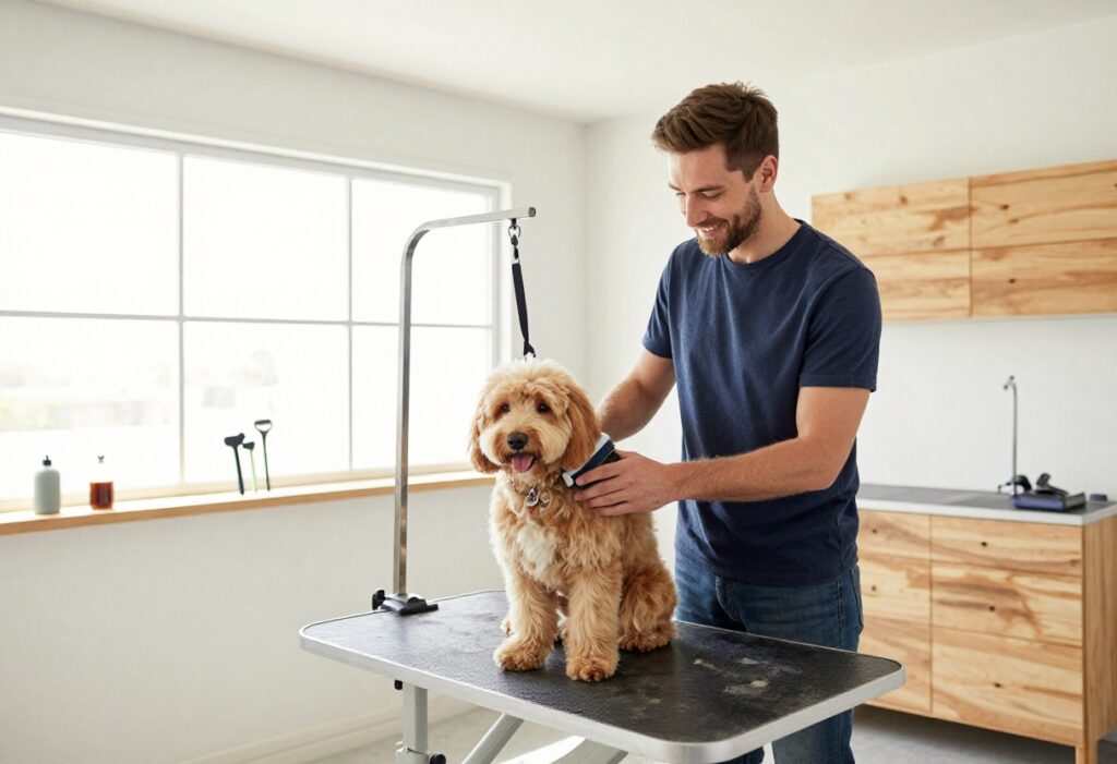 A groomer brushing a dog in a well-organized mobile grooming van