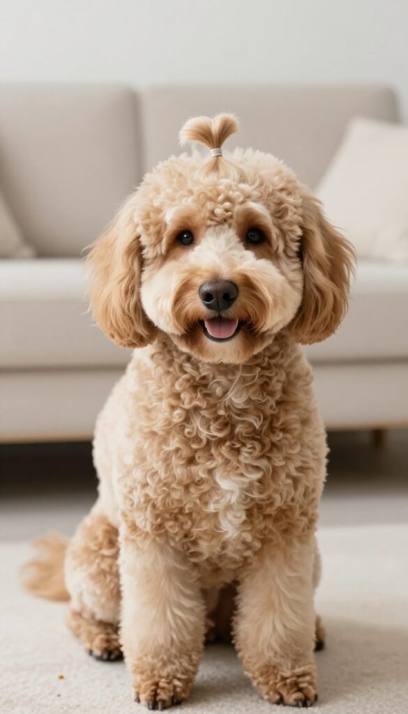 A Goldendoodle or Labradoodle with a tailored topknot haircut, keeping hair out of its eyes in a bright, natural-lit setting.