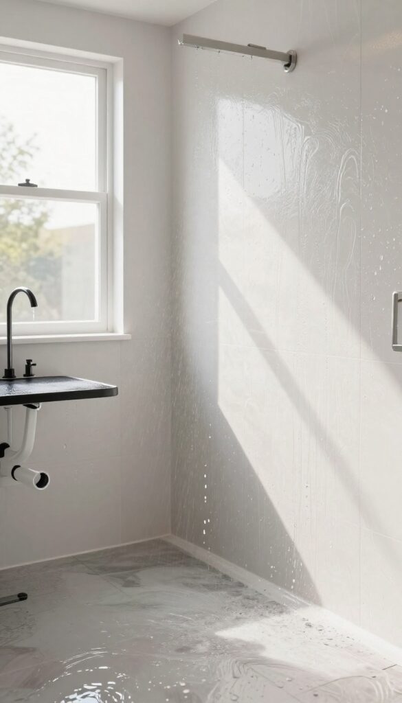 Close-up view of water-resistant wall finishes in a dog grooming shop, showcasing semi-gloss paint that repels moisture and is easy to clean, ideal for high-splash areas like bathing stations.