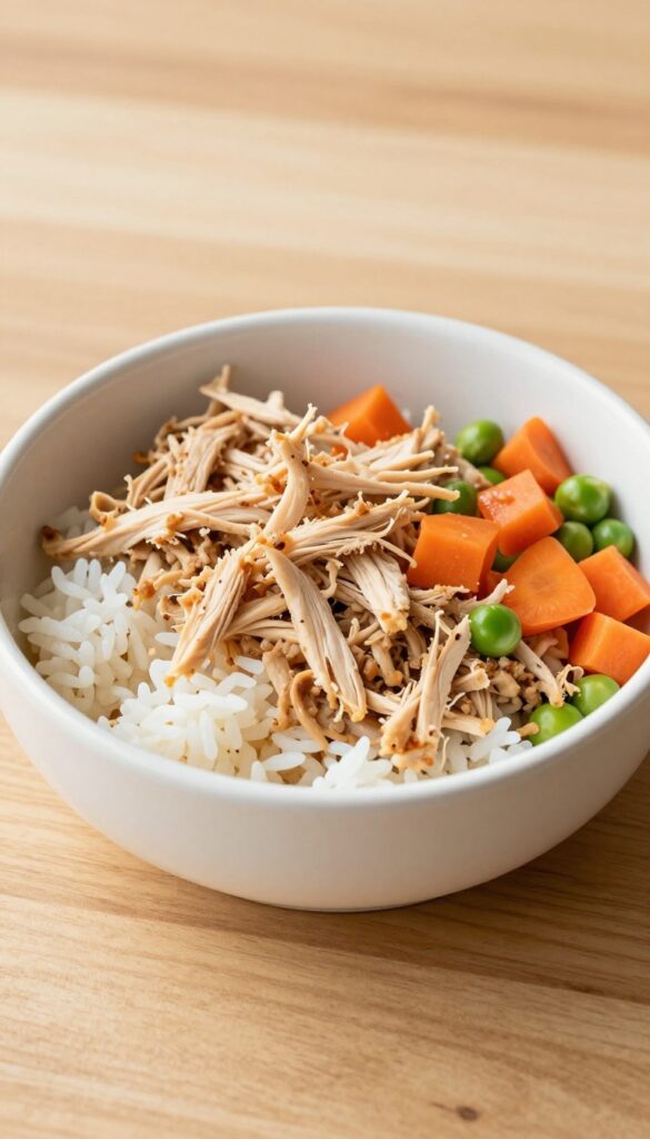 A homemade chicken and rice dog food bowl with carrots and peas, presented in a plain ceramic bowl on a wooden surface, suitable for dogs with sensitive stomachs or low appetite.