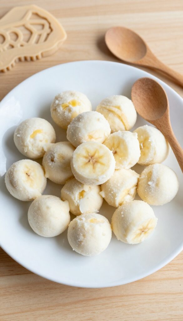 Homemade frozen banana yogurt dog treats on a plain plate, showing creamy texture and natural ingredients for a cooling summer snack.