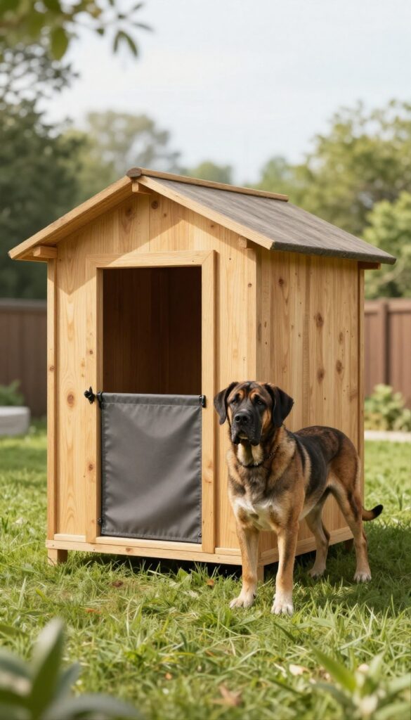 Extra-large wooden dog house for giant breeds in a sunny backyard with a Great Dane beside it
