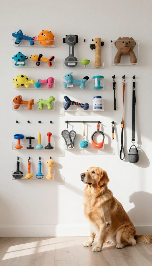 Organized pegboard wall with dog toys, leashes, and grooming tools in a bright flex room, with a golden retriever looking up.