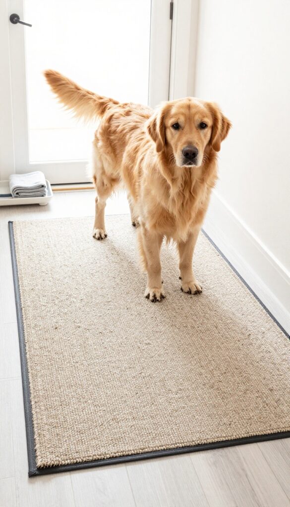A dog standing on a washable rug by the door, with a boot tray and towels nearby, in a bright entryway.