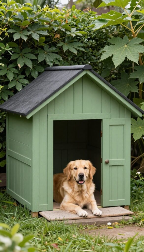 Earthy green dog house blending into garden landscape with Golden Retriever on welcome mat