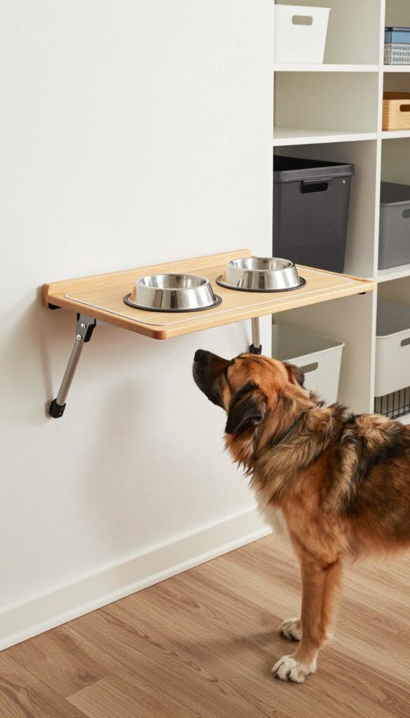 Fold-down feeding table for large dogs in a closet, with a Great Dane eating from elevated bowls, wall-mounted and space-saving.