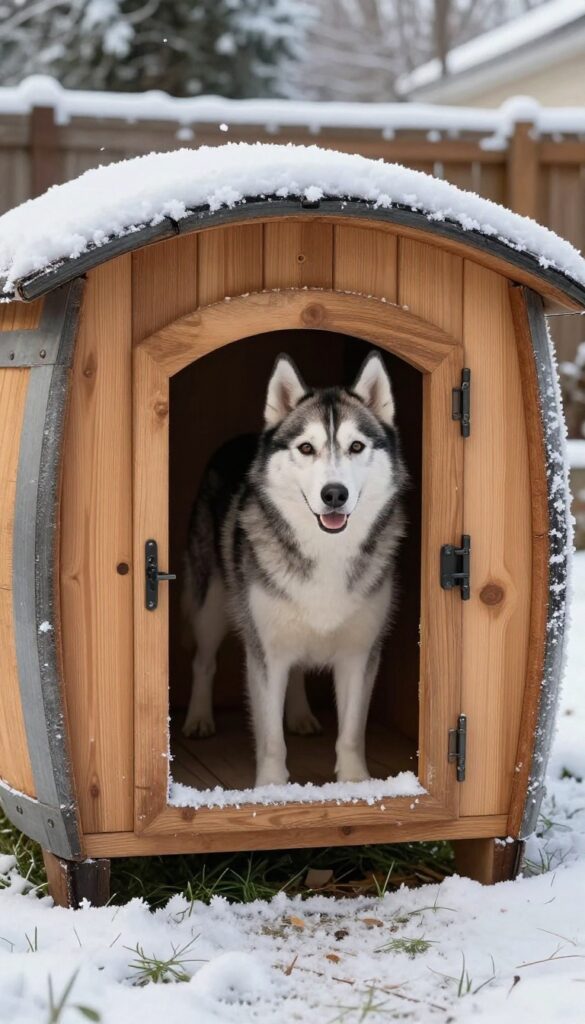 Insulated barrel dog house in snow with Husky peeking out
