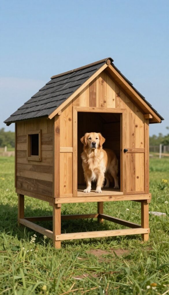 Large A-frame dog house with extra headroom for a Golden Retriever in a sunny backyard