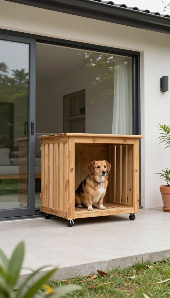 Crate-inspired indoor-outdoor dog house on casters near a back door, with a dog peeking out.
