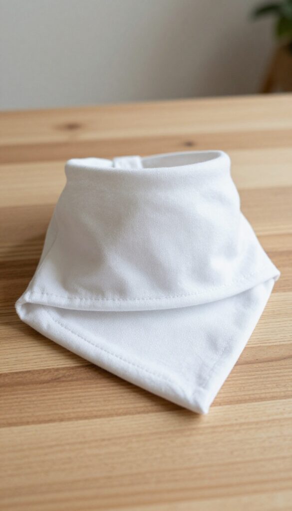 A plain t-shirt fabric cut and folded into a triangle shape, representing a no-sew DIY dog bandana, placed on a clean wooden surface in natural light.