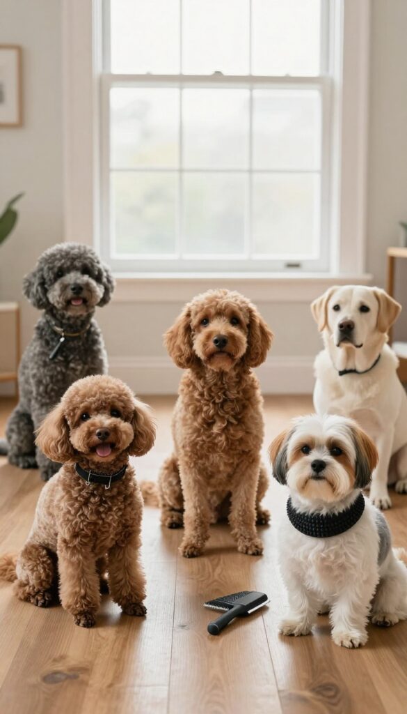 A photorealistic scene showing multiple dog breeds being groomed with breed-specific tools in a bright, natural-lit room, illustrating personalized grooming techniques for different coat types.