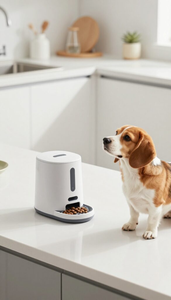 A compact dog food dispenser on a kitchen countertop with natural light, featuring a small dog nearby in a clean and organized setting.