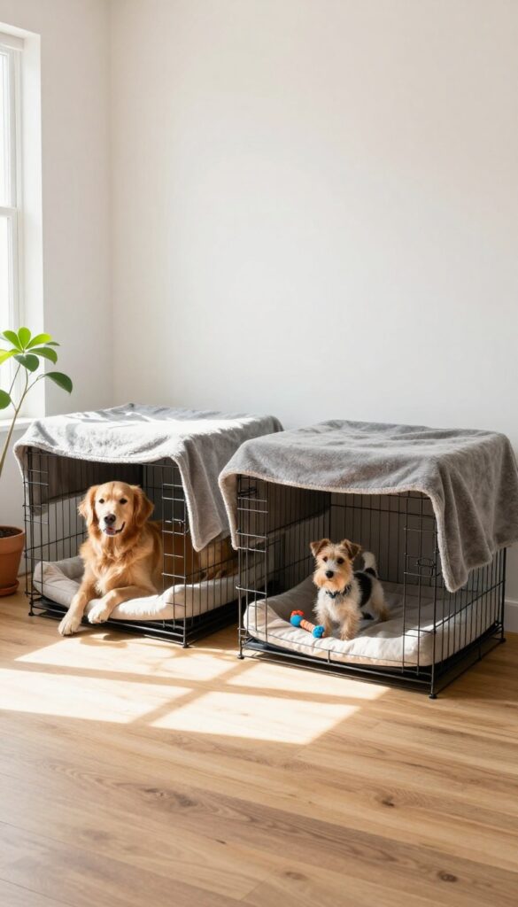 Two dog crates in a corner with blankets, each containing a different dog resting peacefully.