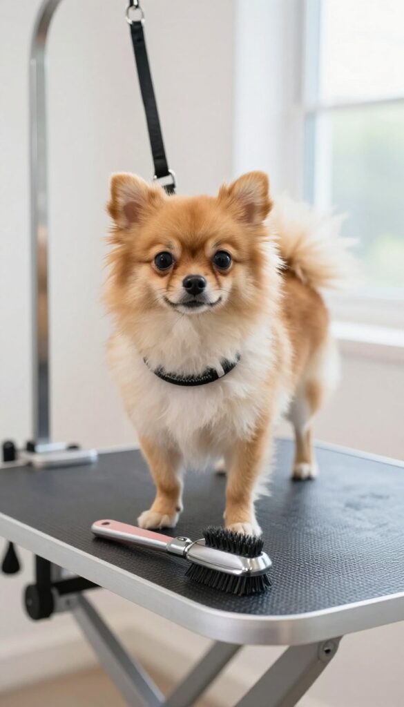 A small dog secured by an adjustable grooming arm on a table during home grooming, with natural light and tools nearby.