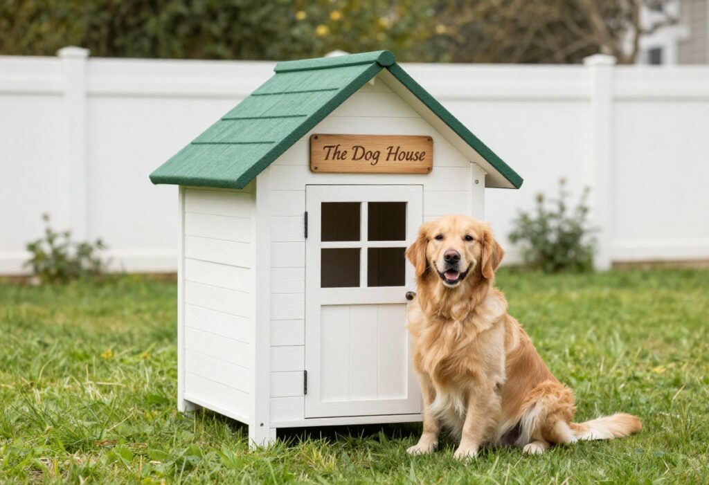 A white wooden dog house with a custom sign reading 'The Dog House' in a sunny backyard, with a golden retriever sitting beside it.