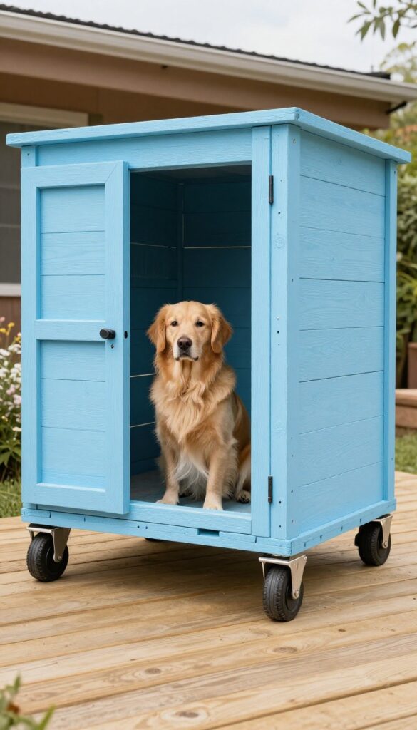 Portable pallet dog house on wheels with a golden retriever inside, on a sunny deck