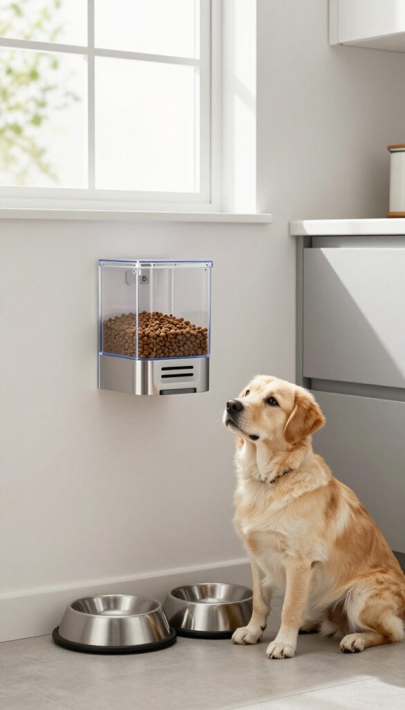 A wall-mounted dog food dispenser in a bright, modern kitchen with a dog waiting nearby, showcasing an organized feeding setup for small homes.