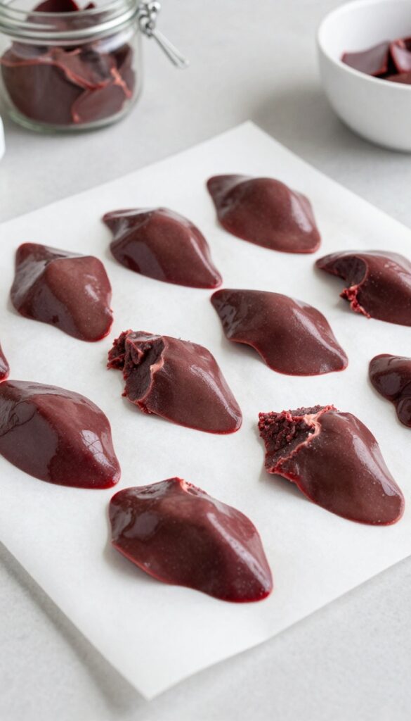 Thinly sliced raw beef liver pieces on a baking sheet for making dehydrated dog training treats, arranged neatly with space between each piece on parchment paper, under bright natural light in a clean kitchen setting.